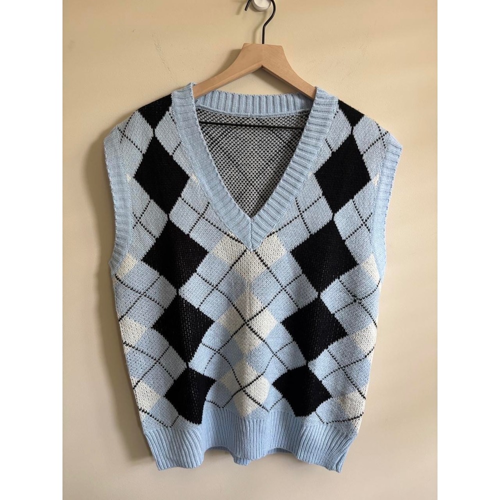 Argyle Sweater Vest Light Blue Black White V-Neck Knit Sleeveless Top Large